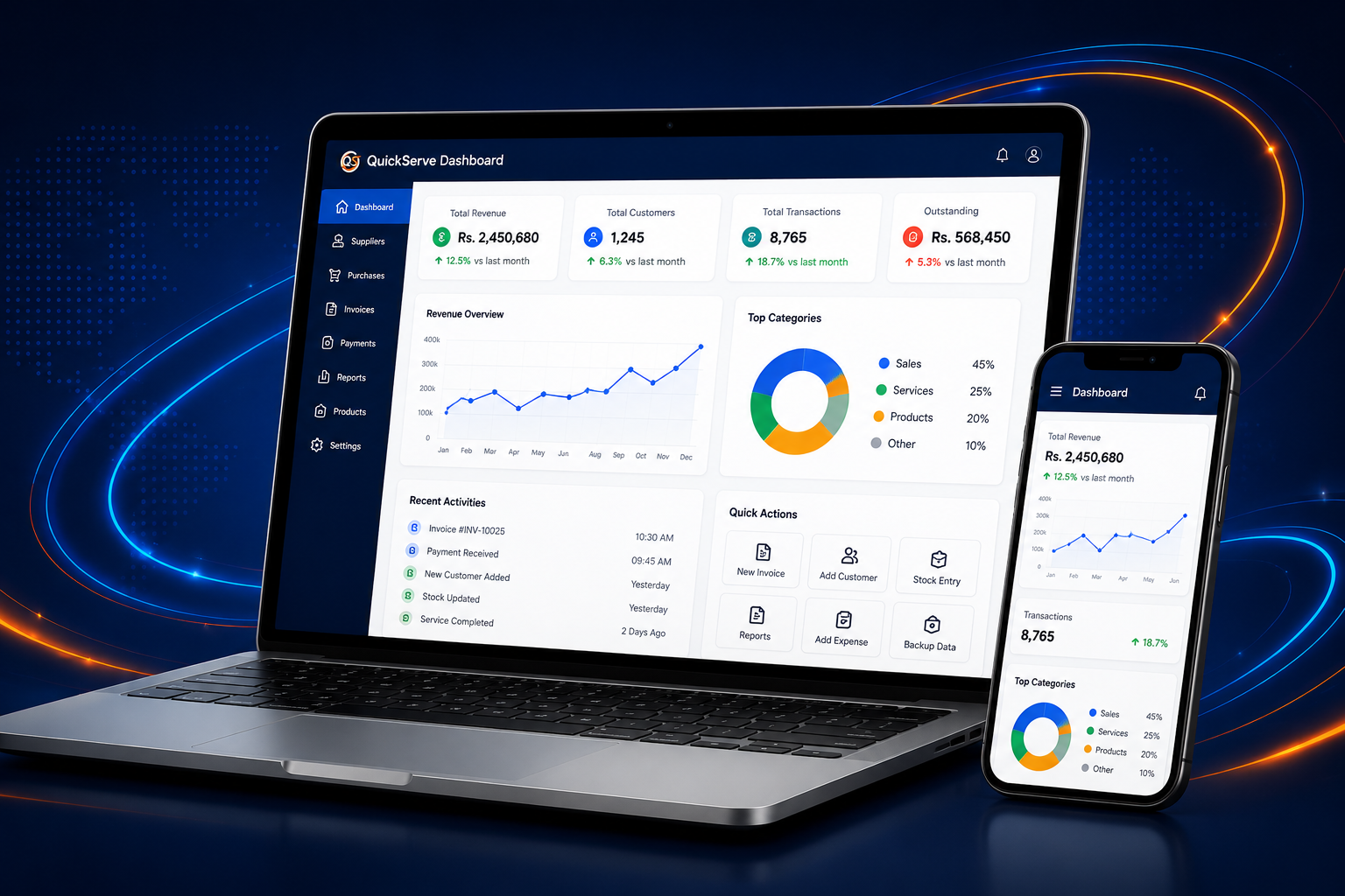 QuickServe software dashboard on laptop and mobile device
